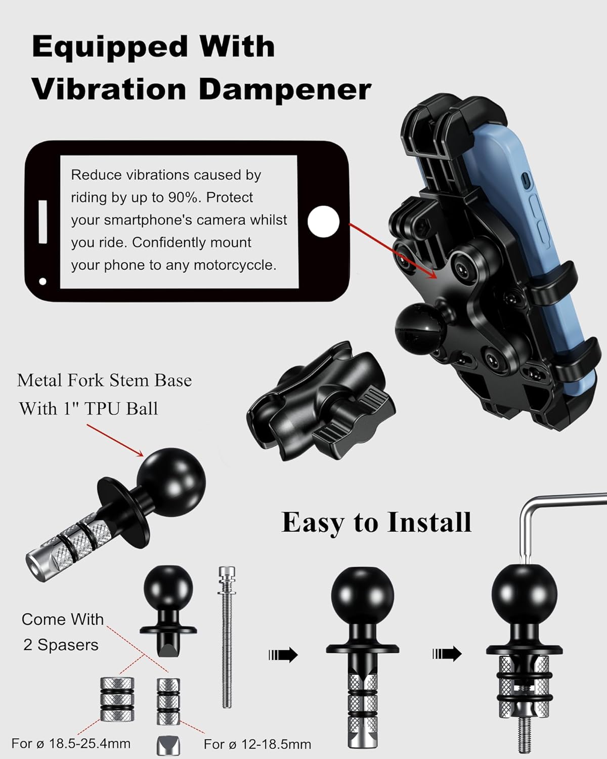 Motorcycle Fork Stem Phone Mount Holder with Vibration Dampener